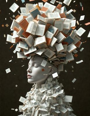 The primary subject of the image is a woman with a head full of books. The setting is a dark room, and the visual style appears to be a digital art or illustration. The colors and mood of the image are predominantly dark, with the woman's head being the main focal point.